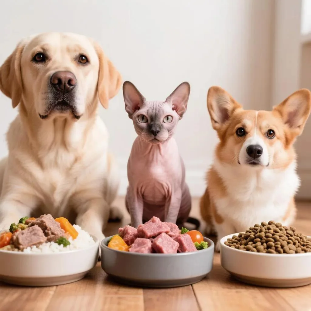 Кошка и собаки рядом с разными вариантами корма